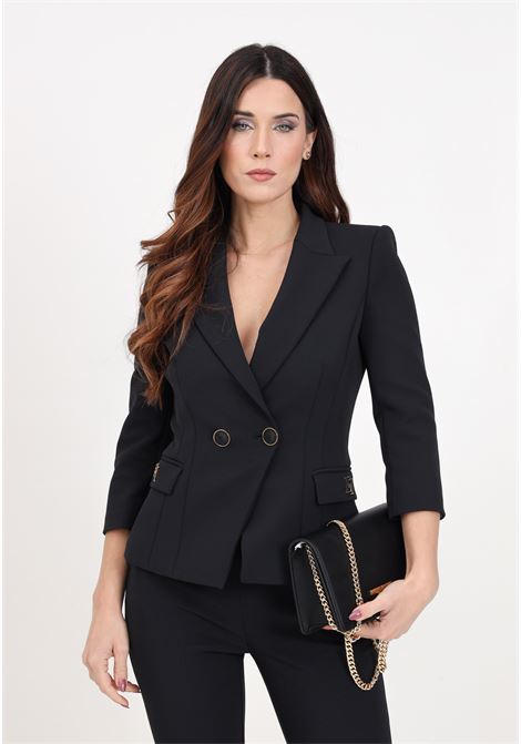 Black double-breasted women's crepe jacket with logo ELISABETTA FRANCHI | GIT6141E2110